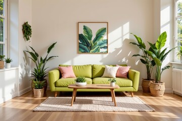 Cozy modern living room with green sofa and vibrant indoor plants in bright sunlight