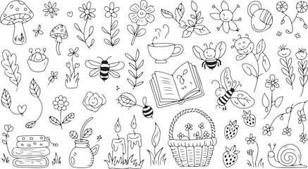 Whimsical doodles mushrooms, flowers, teacups, leaves, bees, books, candles, overalls, picnic basket, strawberries, snails, butterflies
