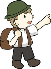 cartoon boy with backpack pointing to something
