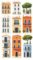 Naklejka premium Nine Mediterranean-style buildings various colors sizes balconies plants