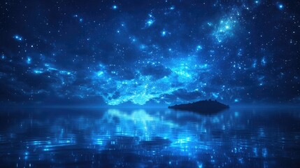 Starry night island reflection deep blue landscape abstract