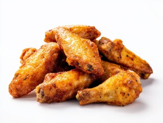 Pile of fried chicken wings presented on white background