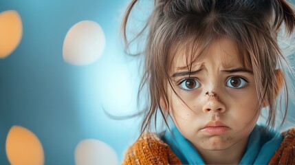 Little Girl's Curious Gaze: A captivating close-up captures a young girl, her expressive eyes filled with innocent wonder and a touch of confusion, set against a soft, blurred background.