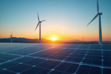 solar panels and wind turbines in a field at sunset