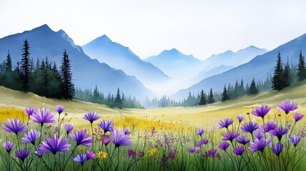 Obraz premium Serene Mountain Meadow - Vibrant purple wildflowers bloom in a picturesque meadow, framed by majestic blue mountains under a soft sky. A tranquil and idyllic landscape