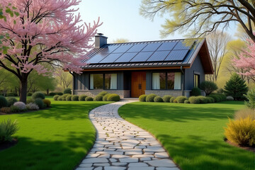 Modern Solar Homes in Spring and Summer Landscapes ,Eco-Friendly Living and Renewable Energy Concepts.