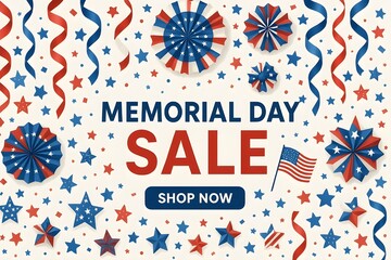 Obraz premium Memorial Day Sale Banner with Patriotic Streamers and Stars (patriotic, confetti, streamers, stars, flag)