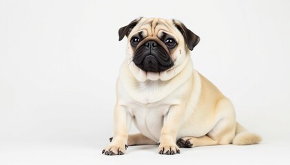 Obraz premium Adorable pug dog sitting, isolated on pure white background, top view, adorable