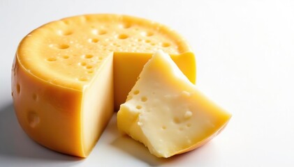 Gourmet cheese wheel, aged, on white backdrop, swiss, creamy, aged