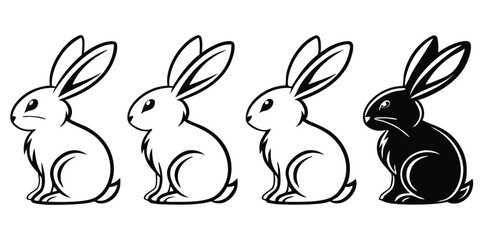 Cute Bunny Vector Silhouette Set of Four Sitting Rabbits in Different Shades Illustration