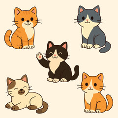 Illustration with five cute multicolored kittens on a light background. Kittens of different breeds and colors.