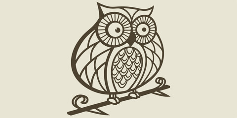 Elegant Vintage Owl Vector Silhouette Sitting on Branch Line Art Design