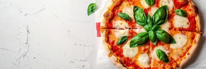 Italian republic day celebration with margherita pizza and fresh basil. Festa della Repubblica. Horizontal banner. Copy space. Liberation Day