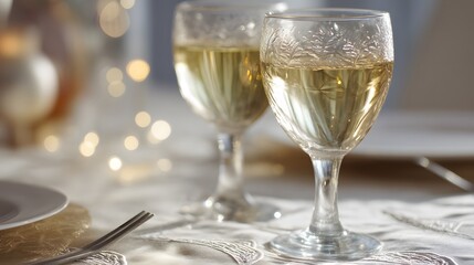 Two wine glasses with white wine on an elegant table; a moment of refined relaxation and simple luxury