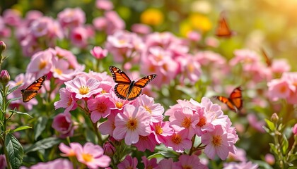 Butterflies and flowers in a vibrant, lively scene against a sunny garden background.