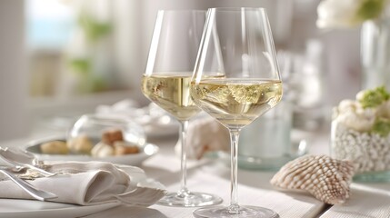 Two wine glasses with white wine on an elegant table; a moment of refined relaxation and simple luxury
