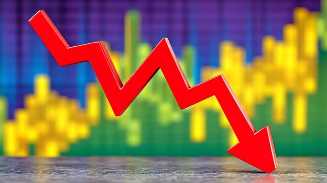 Red arrow plunges, showcasing a sharp market decline against a blurred background of fluctuating graphs