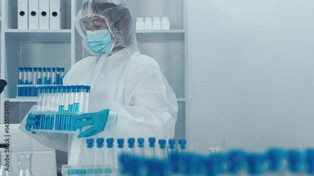 Poster In a hightech lab, a diligent scientist in protective gear skillfully handles test tubes and advanced instruments while demonstrating various procedures and ongoing research activities