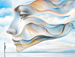 Surreal painting of a giant ethereal face merging with flowing clouds while a small figure stands nearby