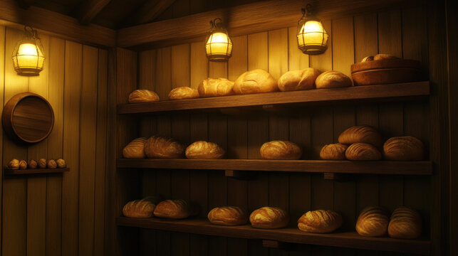 Artisan Bakery Display: A cozy interior showcases a selection of freshly baked loaves of bread, artistically arranged on wooden shelves, inviting customers with the aroma of delicious baked goods.