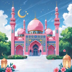 A vibrant, intricately designed illustration of the Pink Mosque, also known as the Masjid Nasir Ol Molk, set against a clear blue sky with a few wispy clouds, celebrating Eid al-Adha 2025, with ornate