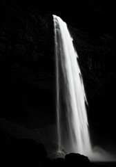 Waterfall Plunging in Black and White Tones, Dramatic Landscape