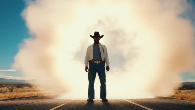 A abstract cowboy walks down a dry, cracked desert road toward a mirage of a figure waiting distance. low-angle shot emphasizes his determined stride surreal, unattainable nature of the mirage