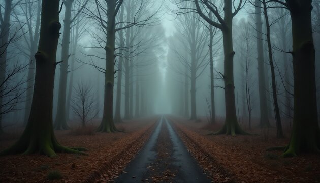 Misty forest path scene serene ominous with bare trees leading to ethereal light - Powered by Adobe