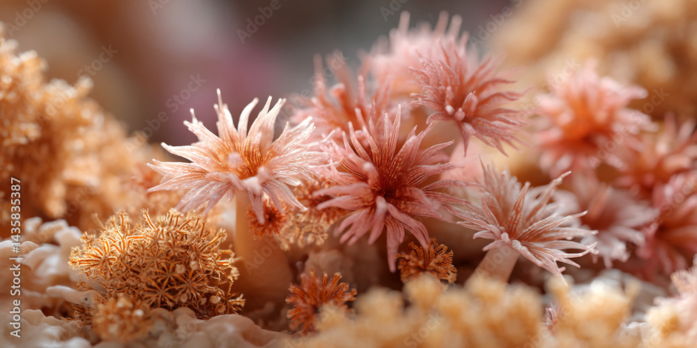 Poster Close-up of delicate pink and orange coral textures, creating a soft and intricate appearance symbolizing nature's beauty and fragility