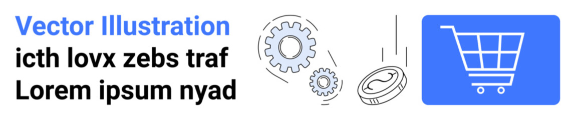 Gear mechanism, falling coin, and shopping cart icon in blue highlight e-commerce, process automation, and financial transactions. Ideal for e-commerce, fintech, technology, marketing economy