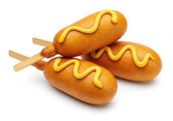 Three corn dogs with mustard isolated on white background