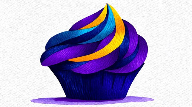 Vibrant purple, blue, and gold cupcake with swirled frosting
