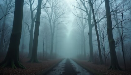 Painterly misty forest digital image somber mysterious in gray green blue colors