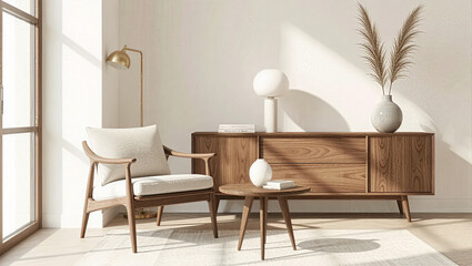 Fototapeta premium Modern space features minimalist furniture vignette with a simple chair alongside a stylish credenza sideboard and elegant table lamp. Subtle textures enhance the inviting atmosphere - Interior Design