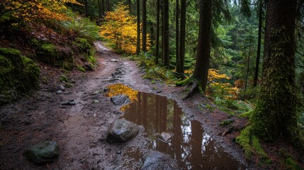 Fototapeta premium Autumn forest trail with puddle, pathway, and colorful foliage