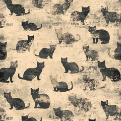 Retro-style art design pattern of layered low-contrast textures, subtly displaying countless small cats in faded detailed accents