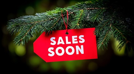 Red tag hanging on evergreen branch announces upcoming sales