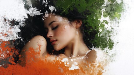 Fototapeta premium Abstract woman sleeping, painted background, nature