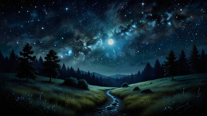 Naklejka premium A dark night sky with stars and a moon illuminates a winter forest landscape with snow-covered trees in silhouette