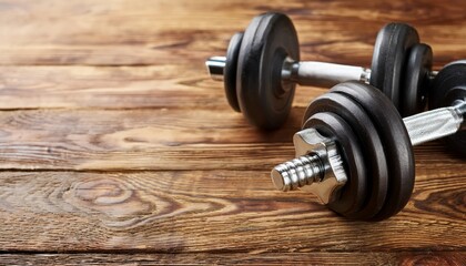 sport equipment; dumbbells on wooden background