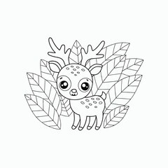  Cute Cartoon Deer – Black and White Line Drawing Coloring Page For Kids.