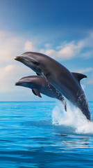 Fototapeta premium Dolphins Leap: Two graceful dolphins soar through the air, their sleek bodies glistening in the sunlight as they breach the tranquil ocean waves, embodying freedom.
