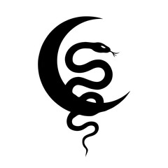 Dark and Moody Black and White Vector Art of a Stylized Snake Curved Around a Crescent Moon, Featuring Minimalist Abstract Design and Intricate Detailing