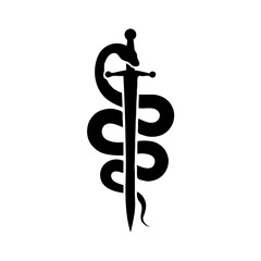 Minimalist Black and White Illustration of a Serpent Coiled Around a Sword, Symbolizing Medicine, with Simple Silhouette and Monochrome Design
