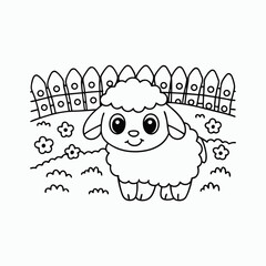 Cute Cartoon Lamb – Black and White Line Drawing Coloring Page.