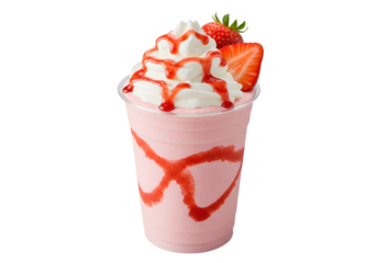 Strawberry milkshake with whipped cream and drizzle in plastic cup isolated