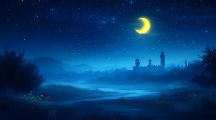 Serene nightscape crescent moon over misty, silhouetted castle town