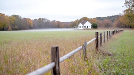 Fototapeta premium Misty autumn morning in a rural landscape with a small white house beyond a wooden fence