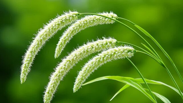 Serene scene of green foxtail grass with soft bristles against a vibrant, blurred green backdrop