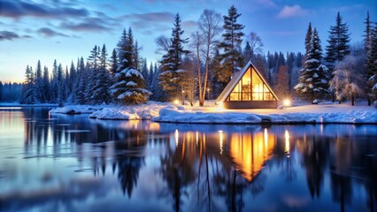 Fototapeta premium Futuristic Cabin on Frozen Forest Island with Warm Lights and Peaceful Dusk Sky